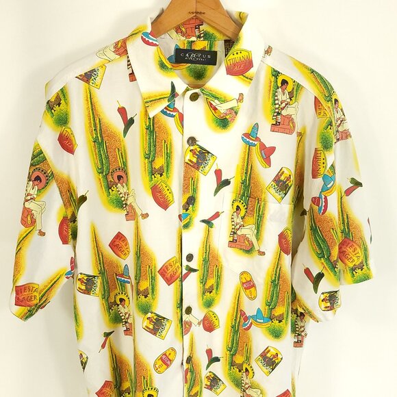 Tijuana Ale Hawaiian Shirt Mens XL Orange Cream Cactus Black Label Man Hat Print - Picture 1 of 11